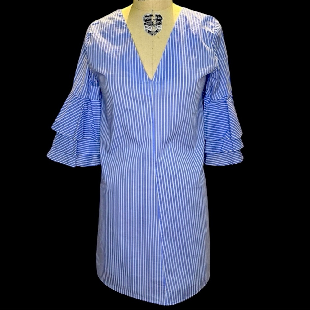Zara Blue Striped Dress with Ruffle Sleeves